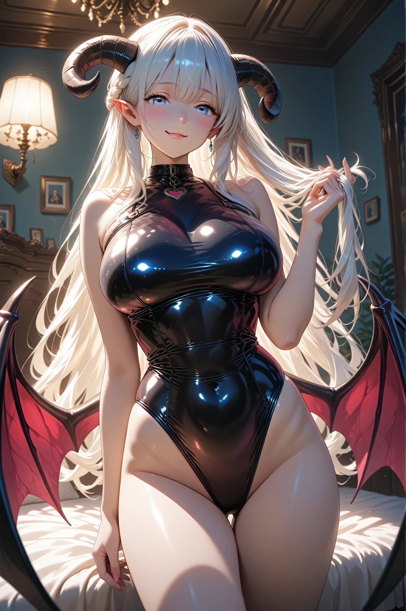 ((high detailed, best quality, 4k, masterpiece, hd:1.3)), ((best quality)), (((HD))), (((8k))), (ultraDH), (ultra HD), Snowy Forest background, snowflake pattern, Princess Daisy, blue eyes, BREAK blue eyes, seductive, attractive, smooth anime cg art, 36C breasts, long legs, vivid colors, detailed digital art, slim body, perfect skin, dark blonde hair, long hair, blonde hair, blonde hair, BREAK crown, cleavage, 36C cleavage, looking at viewer, BREAK looking at viewer, extremely detailed face, red santa suit, red santa claus suit, santa claus suit, earrings, gem, dark black makeup lips, dark gothic eyeshadows, dark eyeshadows, black eyeshadows, black sexy lips, black lips, (dark:1.2), dark lips, very dark lips, (perfect hands, perfect ???????), black makeup, black medium lips, black thick lips, detailed fingers, five fingers per hand, 5 fingers, (1 girl), detailed lips, detailed black lips, black painted lips, gothic painted lips, BREAK night, night sky, (breast focus), (arms outstreched:1.2), (from above:1.1), (breasts out:1.3), (off shoulder:1.1), (white horns), (bra),
