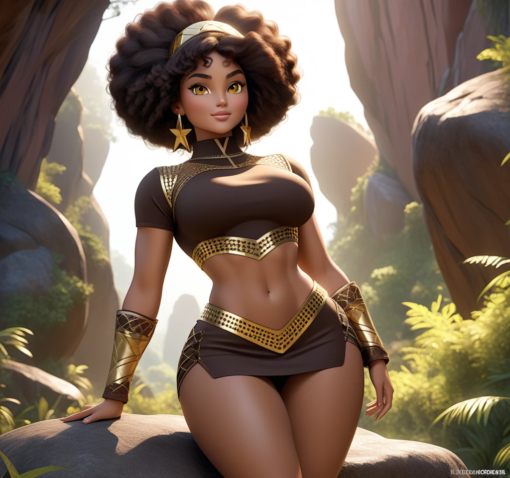 (curly hair), sci-fi fantasy, ((wearing a top, African girl)), flawless face, radiant brown eyes, ((curly hair)), dynamic and natural combat pose, ((black skin, body whole)), scenery of a wrecked ship in flames, ultra detailed digital painting, artstation, 4k resolution, symmetrical, dramatic light