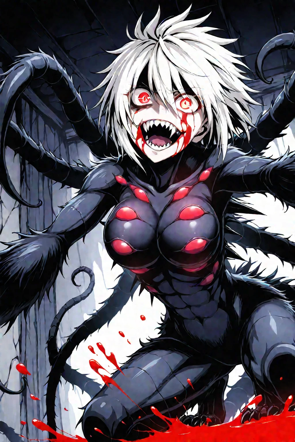 symbiote, girl, best quality, medium breast, white hair, scared, beautiful face, 4k, cry, black slime, masterpiece, mouth pull