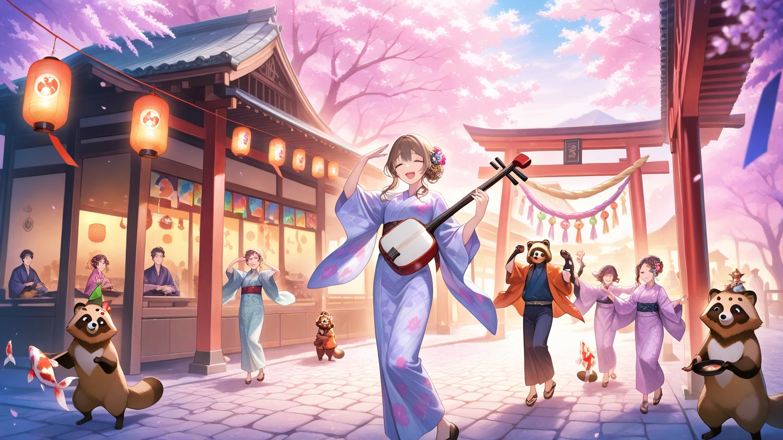 
    Setting: Ancient Japan, rural village, summer night, paper lanterns, cobblestone streets

    Atmosphere: Vibrant, colorful, cheerful, supernatural, magical, warm breeze

    Festival: Masquerade theme, annual festival, celebration of nature, harmony

    Costumes: Traditional yukatas, animal masks (fox, tanuki, crane, koi), intricate patterns, colorful fabrics

    Characters: Townsfolk, joyful children, elderly storyteller, couples dancing

    Main Character: Young lady, Aiko, lavender yukata, cherry blossom pattern, kanzashi in hair

    Emotions: Half lost, introspective, yearning, joy, connection, celebration

    Activities: Dancing, playing traditional games, storytelling, laughter, music (shamisen, taiko drums)

    Nature: Cherry blossoms, gentle breeze, twinkling stars, warm summer air

    Details: Flickering lanterns, swirling patterns, vibrant movements, emotional depth, sense of magic

