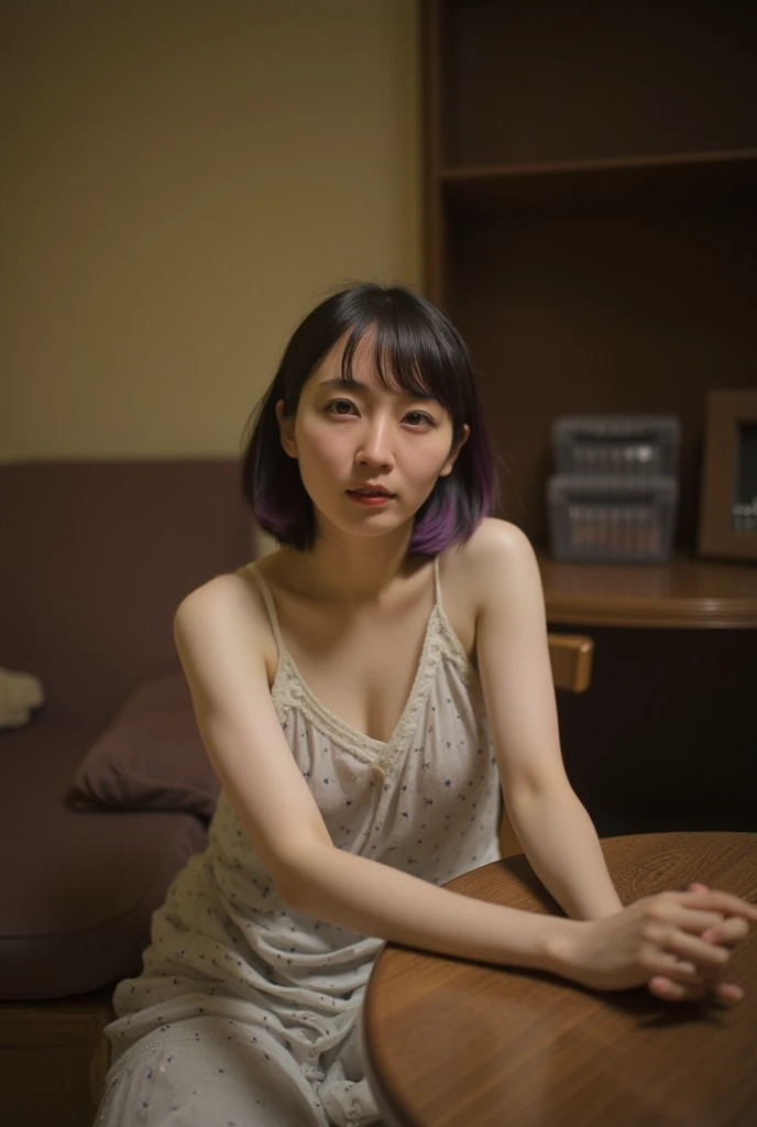 arafed girl laying on the floor Reading a book, Reading a book, Trying to read, trying to study, reading new book, in a japanese apartment, tsutomo nihie, chiho, village girl Reading a book, Hikkikomori, Studying, narumi kakinouchi, Japanese portrait , tsugumi ohba, Beautie, Full-HD, master piace, High quality, Super Detail, Purple hair, Green eyes, close-up, Cinematic lights, High neck sleeveless check dress, Gold Bracelet, colorful flower tattoo on arm