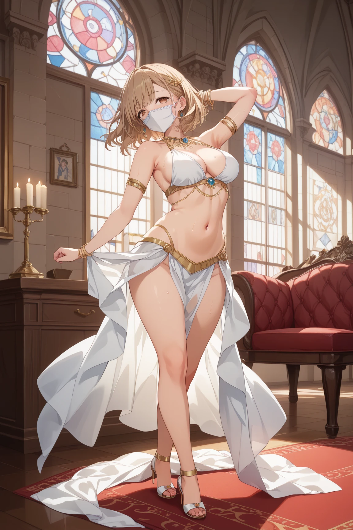 (masterpiece:1.8),(Highest quality:1.8),(Very detailed:1.8),(8K:1.8),(Ultra-fine Illustration:1.5),,,Straight low twintail,Flat Chest,Small Ass,(Luxury metallic gold,,lingerie:1.4),(Prayer Pose:1.5),Vintage sofa,,(Full body angle), Stained glass,