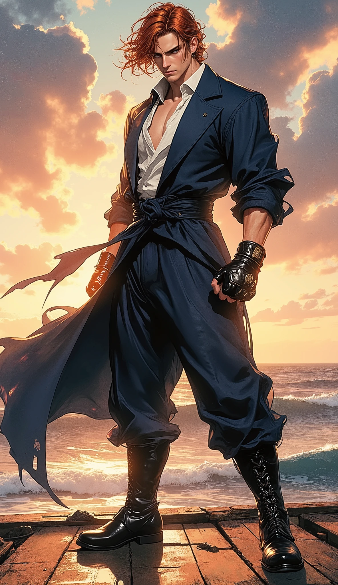 Epic fantasy realism, masterpiece, 8k, hyper-detailed digital painting. A low-angle, dynamic full-body portrait of a tall, powerful, and handsome young martial artist. He is posed in a formidable boxing stance on a weathered coastal pier as the sun sets over a dramatic ocean horizon. The scene is bathed in cinematic, golden hour lighting, with volumetric shafts of light and dramatic chiaroscuro effects. His wind-swept, medium-length auburn hair, parted in the middle, catches the fiery light. He has tanned skin, a chiseled oval face, sharp confident eyes, and a cunning smirk. He wears a stylish two-piece fantasy outfit: a crisp white undershirt under a tailored dark blue formal jacket with long coattails billowing in the sea breeze, matching dark blue trousers, rugged fingerless leather gloves, and knee-high boots with polished metallic accents that glint in the twilight. The color palette is a striking contrast of deep blues and whites against vibrant orange and yellow highlights from the sunset. Unreal Engine 5 render, perfect anatomy, flawless hands, award-winning concept art.