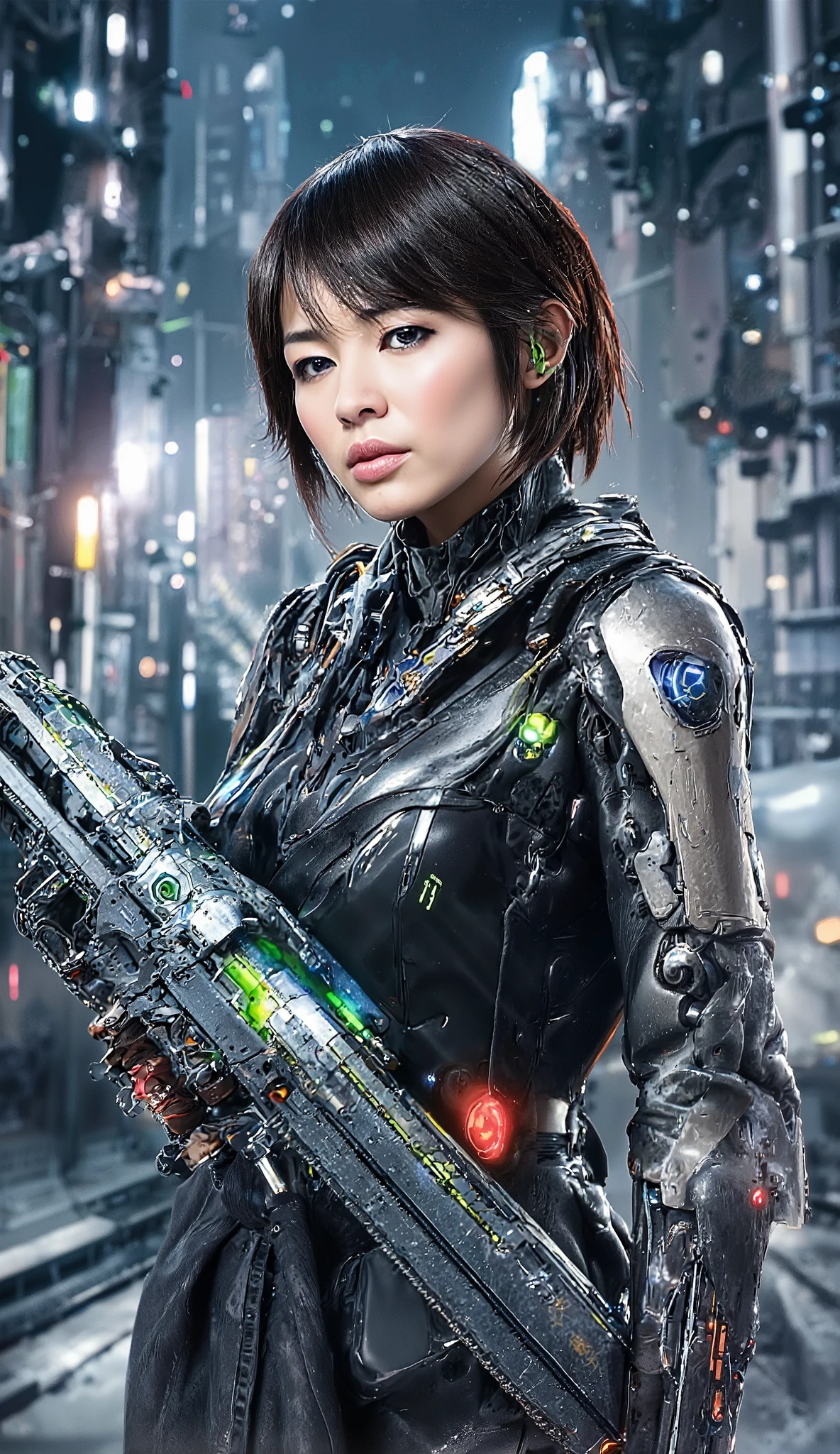 HD Images、Cyberpunk Suit、android female soldier、BOB CUT SHORT HAIR、black hair、a futuristic city、quality improvement,
