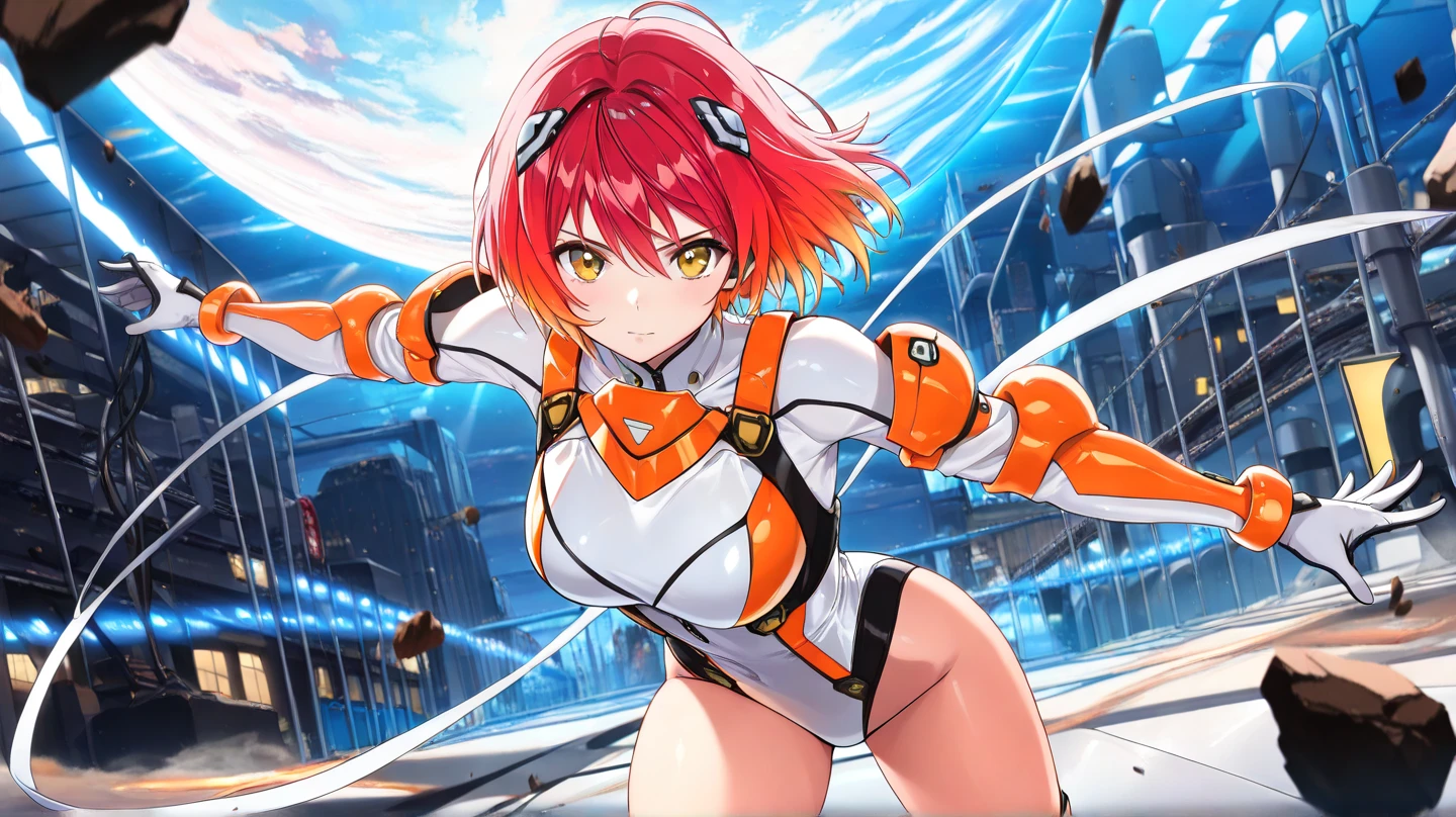 Super close-up,highest quality, ultra detail, High quality CG drawing, The most delicate and beautiful, Floating gently, High resolution, (1 girl), (Highest image quality,4K,8K,masterpiece:1.2),(all red hair:1.5),(short bob:1.5),(red eyes:1.5), (ultra girl :1.0), (All red Ultraman bodysuit:1.4),slightly bigger breasts,red gloves,(Turn your back to your audience:1.3),butt,Upper body