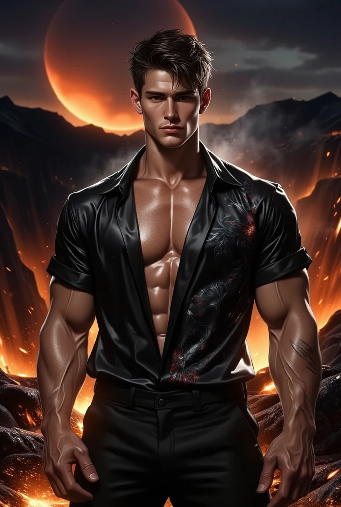 medium full shot. digital painting of bruised wounded exhausted handsome manly fit man in the middle of battlefield, detailed muscles, sweaty body, (crewcut hairstyle:1.25), stubble, torn clothes, torn shirt, tired face expression, very detailed face, very detailed eyes, very detailed skin, vibrant colors, clouds, smoke, fire, explosions, fantasy style, masterpiece quality, beautiful digital art, award winning digital art, overdetailed digital art, dramatic lighting, dramatic pose, heroic pose, epic, post processing, color scheme red and black