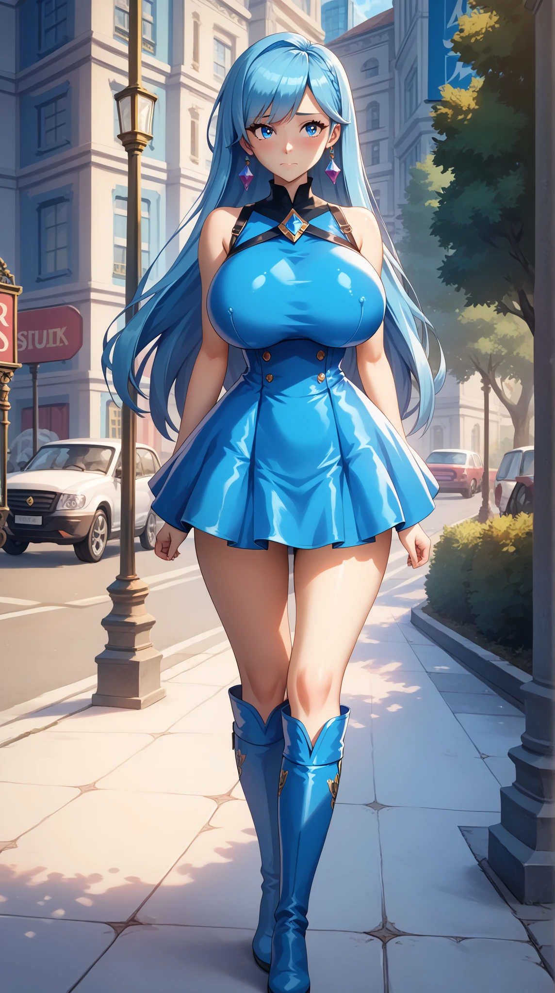 Ultra realistic image, 16K, hyper realistic, very beautiful woman ultra realistic, raw, very thin high waist, big breasts, wide hip, perfect shapely ass, fluffy curly hair with a lot of volume blue color with gatubela costume, fitted, standing on a street in a big city, facing the camera, not so far from the camera.
