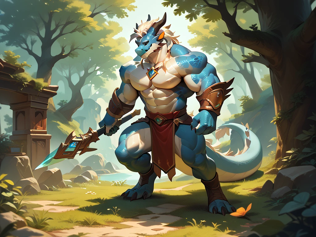 Uploaded on e621, (male anthro dragon), standup, 独奏, muscled, Detailed scale texture, Castle, (battle field), (Tribal clothing, ((Long loincloth))), (Shoulder blades, Leg nails), Blue body,White belly，daybreak，shadows，Dim environment，（Chie's art，（drakgem），（（rakisha）），（kontanagamori）），（the front view），Looks pleased，[Simple background]，Detailed students，Masterpiece artwork，Caustics, edgelighting, Single light source, Sharp shadows, Single portrait, (digitgrade, toe claw), (kemono)