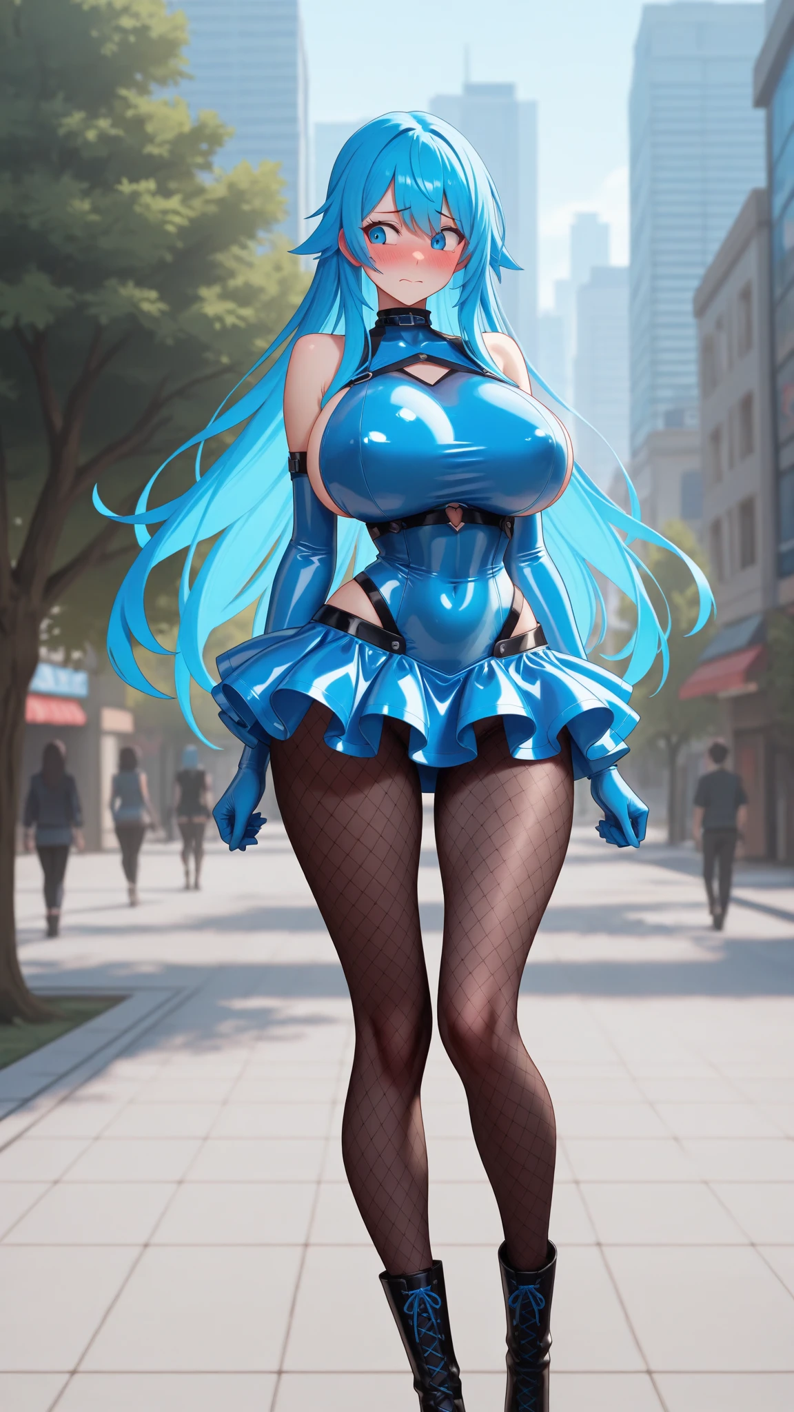 1５old girl, ((I have a lot of balloons)) , real photos, (((full body))), (look back at me), Long twin-tailed silver hair, (Light Blue Leather Dress), cyber punk , ((sunlight))、butt､anime cute girl、Theme park background、ideal style、detailed face、Low - Angle、judgement