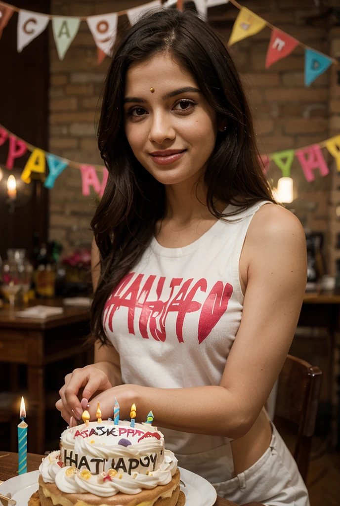 Create a 3d image in which a teenager girl cutting Cake wearing red color top with Name "Srabani
" is written clearly on the Cake and 21 year candle burning on the cake , image features with birthday decorated view, realistic image, background decorated with birthday items.