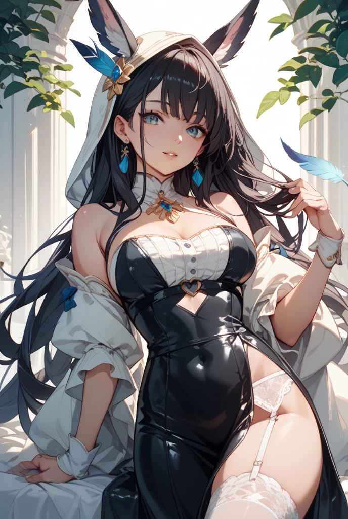 Meisterwerk, best qualit, high res, al1, demon horns, geschlitzte Pupillen, white gloves, white dress, nackte Schultern, Abnehmbarer Kragen, Spaltung, black wings, feathered wings, low wings, Cowboy erschossen, stehend, Verlies, evil smile, Die Hand ausstrecken, Ausgebreitete Arme, ausgestreckte Arme,