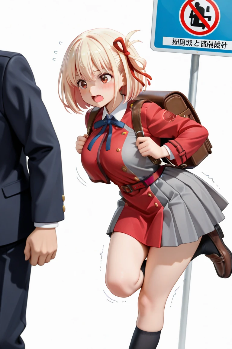 masterpiece, Highest quality, 1 person,( Large Breasts,Are standing, View your audience,),Detailed Background、A person who writes in detail、Accurate human body、Knowledgeable person、Accurate 5 fingers,Mature Woman,Thighsが太い,Cruby Body, Nishikigi chisato, bob cut, hair ribbon,cyclone \(for once\),Long sleeve、Thighs、alone,((lycoris uniform, two-tone dress, red dress, grey dress, neck ribbon, long sleeves,hands up)),((zettairyouiki)),,TranT, (train interior), netorare, chikan, grabbing, hetero, pussy juices, molestation, public indecency, public use,faceless male fingering, 2boys, faceless male, assisted exposure,