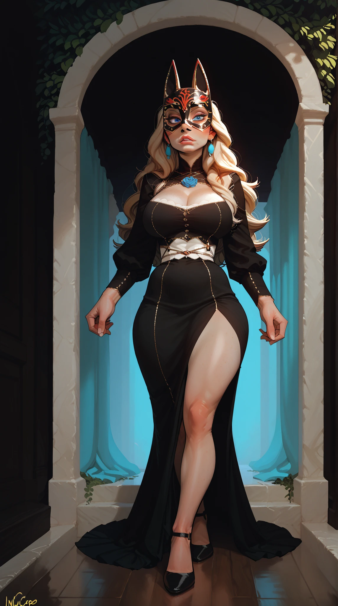 A sexy nun with a leg slit dress, featuring a full body shot and emphasizing her cleavage. She has beautiful blonde hair and embraces her sensuality. The artwork should have a ((blonde)) pubic hair detail. The medium can be in the form of an alluring illustration or a seductive oil painting. It should be of the best quality, with ultra-detailed features, and a realistic and photorealistic style (1.37x). The colors should be vivid, and the lighting should create an atmosphere of seductive allure.