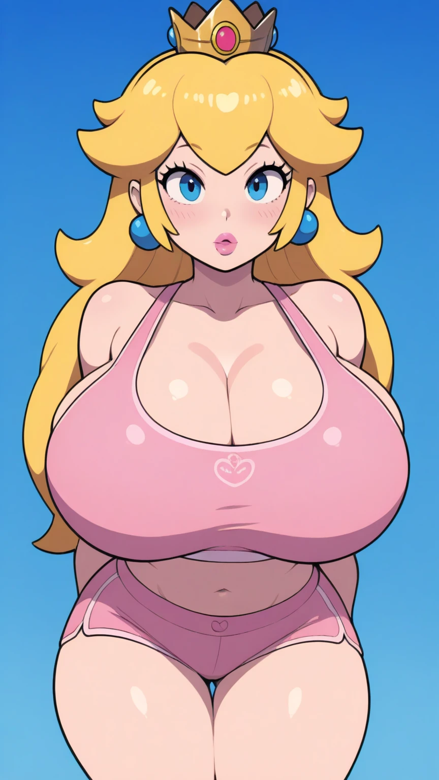 sunnymiamitf, large breasts, narrow waist, wide hips, Sunglasses, teeth, straight hair, very long hair, blonde hair, blue bikini, strapless, g-string thong, beach, large ass, topheavy, bottomheavy