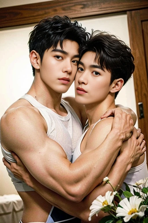 best qualtiy,(realisticlying:1.4), tmasterpiece, Kodak Portra 400, white bed sheet,Lie flat on the bed,(Face focus:1.3),1boys ,white skinned,Show muscles, posing on a, looking at viewert , sface focus