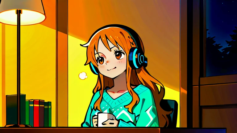(Masterpiece) (High Detail) (High Res) A close up of a short little slim humanoid girl with pale human skin and blue eyes and long blue hair and blue dog ears and a fluffy blue dog tail and average breasts. She is in a radio studio and is speaking into a microphone whilst holding a cup of coffee. She is wearing a warm sweater and jeans and has a pair of headphones on. She is laughing.