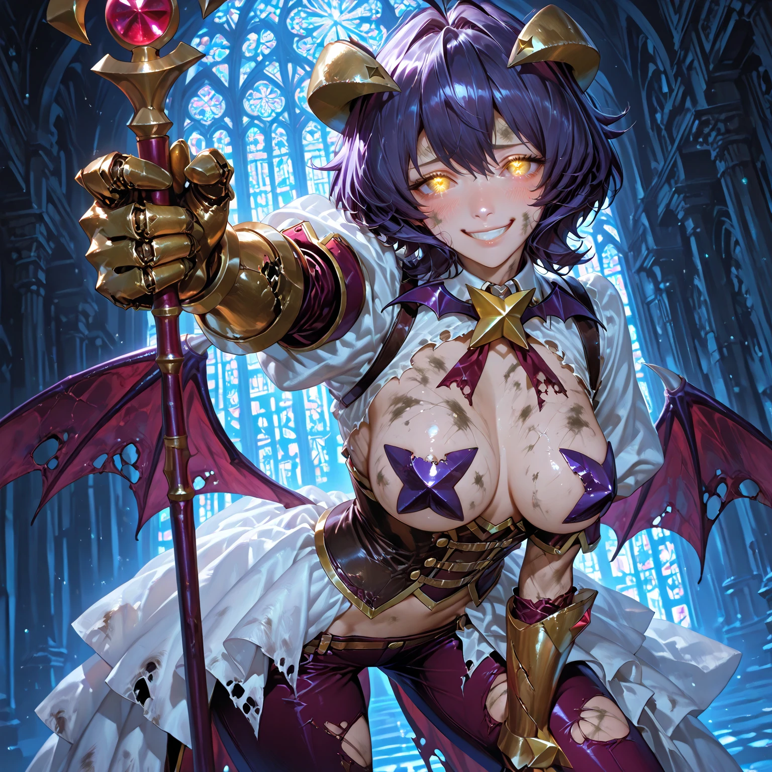masterpiece, best quality, <lora:lilithmon-nvwls-v1-000009:0.9> lilithmon, horns, hair ornament, forehead mark, single gauntlet, cleavage, dress, purple dress, detached sleeves, demon wings, black thighhighs, black lipstick, huge breasts, looking at viewer, night, leaning forward, aurora, night sky, stars, smile, furrowed brow, grin
