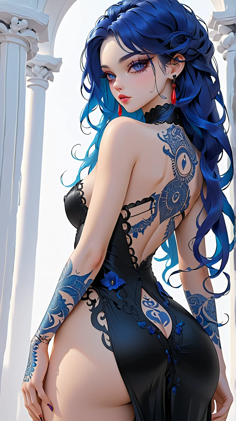 woman, classic, abstract art, oil, breasts, navel, closeup chest, high thighs, tattoo, full body, covered in tattoos, tattoos, long hair, blue hair, jewelry, hair ornament, hair flower, splashes of ink on background, ink, dripping ink, drops, splashes, flower cloud, flower, magical, fantasy, centered, halo, by Hokusai, by Boris Vallejo, by Margaret Macdonald Mackintosh,  [(smoke cloud flowers mist spray paint splashes colors smog steam gloom: 1.3): 0.25] looking viewer, black shoes, bare shoulders, cutout of clothes, leotard, bracelet, gray background, central opening, fringe, eyelashes, expressionless, boots, gray background, smoke vapor vapor smoke, expressionless, dark colors, monochrome, soft colors, gothic style,