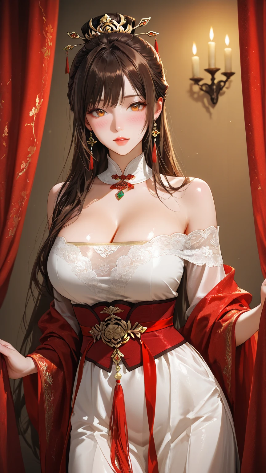 Chinese transparent silk dress, hair adornments, necklace, jewelry, Long hair, Earrings, Chinese clothes, Big boobs