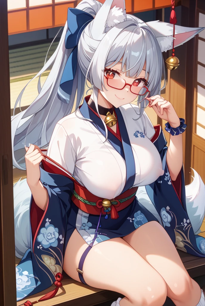 ((Highest quality)), ((masterpiece)), (detailed), 1People Girls, sexy、Japanese Shrine Maiden、Shrine maiden、(((Saggy breasts)))、Blonde、Long Hair、((Voluminous Hair))、White skin、Wet、Looking at the photographer、Eye contact、Showing her nipples、Breast milk、Glasses、Pinching her nipples、((Swollen nipples))、Upper Body、Focus on the chest、Aunt、Leaning forward、