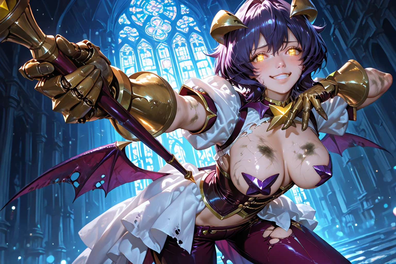 NSFW,masterpiece,Highest quality,High resolution,Super detailed,utenaxl、short hair、Purple Hair、Ahoge、Yellow Eyes、+.+、Hair between the eyes、Yellow Devil's Horn、Devil's Wings、Purple Pasties、Star Pasties、Puffy sleeves、Bridal Gauntlet、紫のBridal Gauntlet、belly button、Low leg pants、Purple Pants、breastless clothes、corset、白いShowgirl skirt、Showgirl skirt,(Oho face),Embarrassed,blush,Leg spread,excited,Estrus,orgasm,Trembling,(Climax),(Squirting),(Ahegao),Roll your eyes、squint,Middle-aged men,(Having intense sex),Insert,Creampie,garden,(Sex slave)