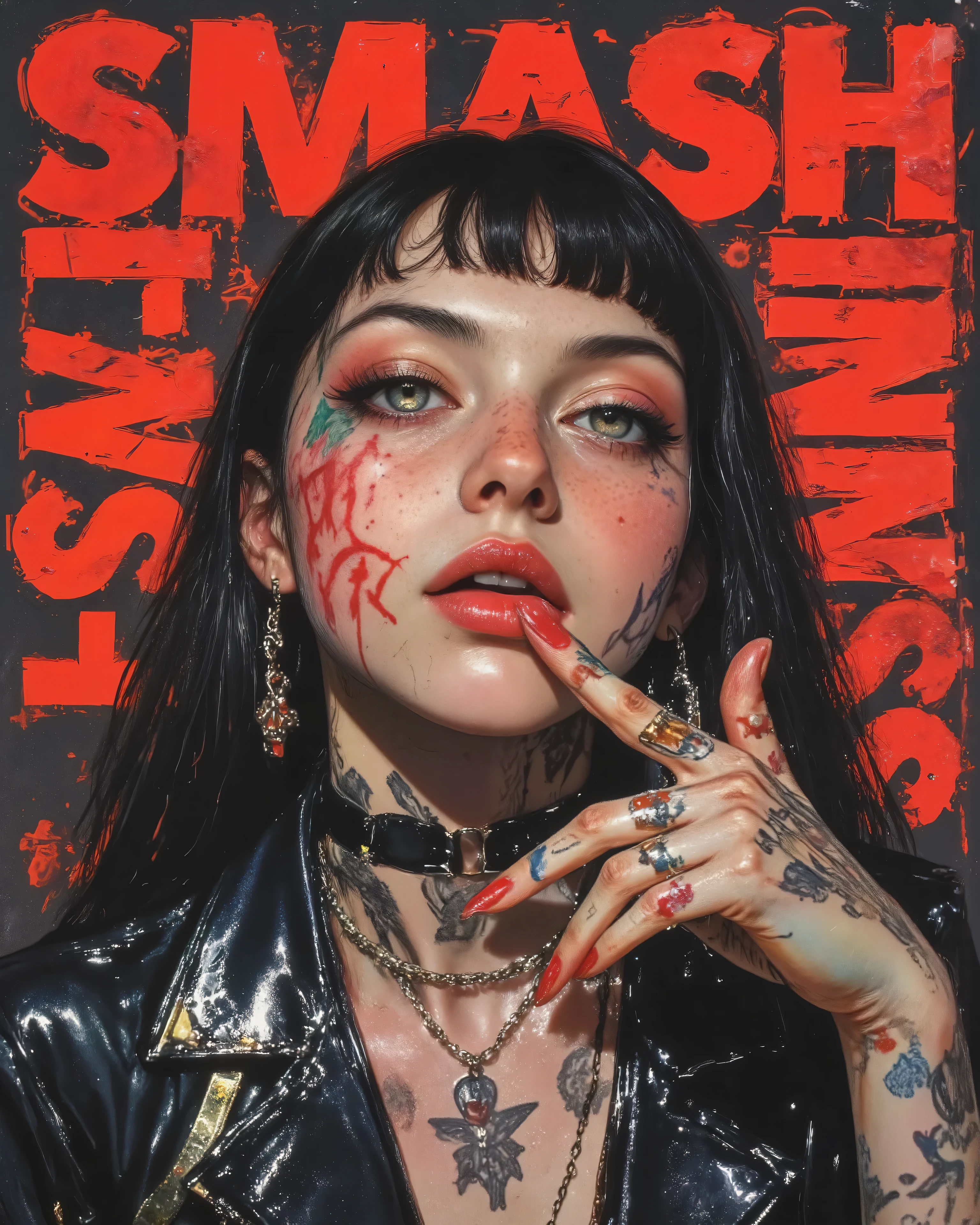 wicked, Dark and dangerous world of picture books!、((Dangerous World:1.2)) fashion photograph、((Movie poster: "Smash Things" Olbamedusa presents:1.2))、portrait,a young woman, photorealistic, Later ,genuine leather ,best quality , super fine ,mafia ,facial tattoo, ,(shows the HEART finger as a mockery:1.2),long hair、(Paris Runway Collection:1.2)
