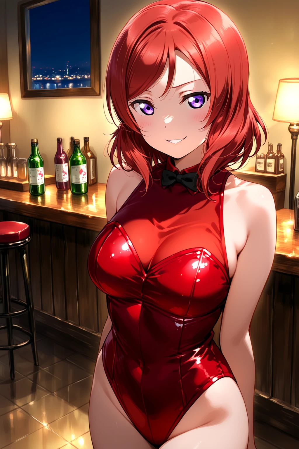 highest quality、complete limbs、full finger、a beautiful human woman、(red hair woman:1.3)、medium hair woman、ponytail、big breasted woman、bare hands、bunny girl costume、(Woman in red bunny girl leotard:1.3)、(woman wearing brown pantyhose:1.3)、Red bow tie、Red Bunny Girl Katyusha、stylish bar、Wine is lined up on the liquor shelf、bar counter、big smile、sexy pose