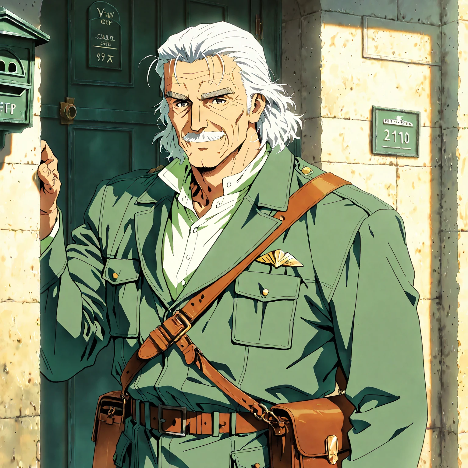masterpiece,high quality,solo,indoors,
<lora:hardysteiner001:0.7>,
hardysteiner,1oldman,
grey hair,black eyes,mustache,facial hair,beard,
military uniform,black jacket,ascot,
belt,green pants,
cigarette,smoking,