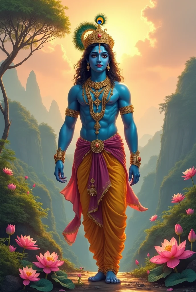 Krishna blue skin walking in his "left hand having ukrain flag"

