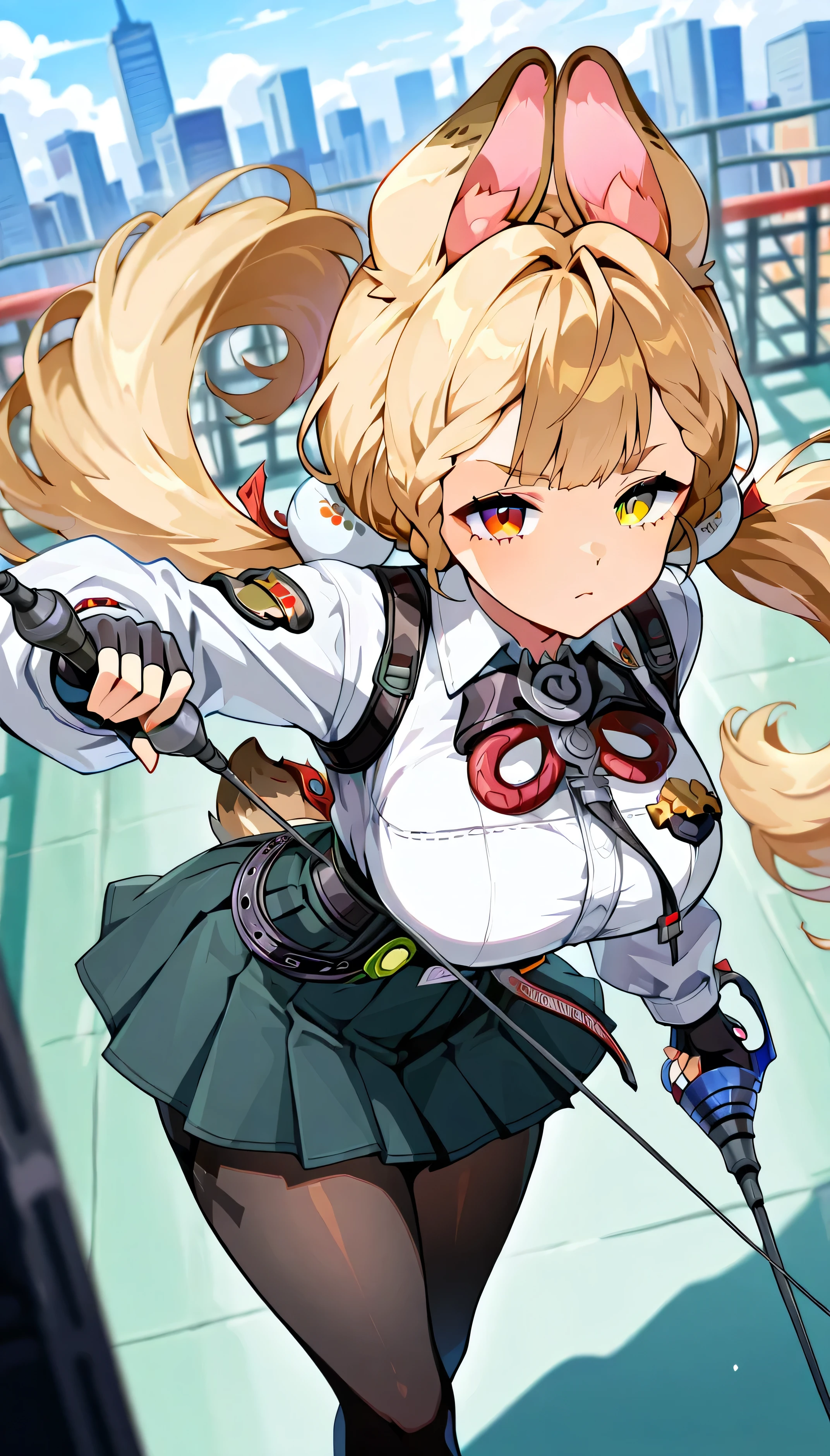 masterpiece, best quality, amazing quality, very aesthetic, high resolution, ultra-detailed, absurdres, newest, scenery,(depth of field:1.5),
(super fine illustration,professional quality,ultra high res), beautiful detailed eyes,
(high brightness),
break
alice (zenless zone zero), 
 red eyes,heterochromia, pantyhose, skirt, fingerless gloves, long hair, animal ears, blonde hair, heterochromia, gloves, breasts, white shirt, shirt,

twintails, braid, black gloves, large breasts, hair ornament, long sleeves, tail, black pantyhose, pleated skirt, bangs

((extremely detailed background)), Lots of elements in background,((super-detailed background)), star river, cityscape,((8K wallpaper)),
1girl, 
serious face, Glossy eyes, Animated, Seductive, Erotic, Glossy skin Thighs, Sexy, 
(Cute Illustration: 1.3), (High Saturation: 1.3), Cute face and eyes, Dynamic lighting,
Powerful scenes, battles scenes, attack, looking at viewer, (Fencing, holding bule fleurette),
(dynamic angle: 1.2),