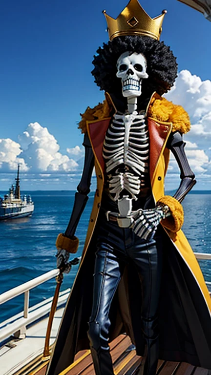 Three-dimensional effect,Standing Full body skeleton,realistic,Crown on head,junbo afro,On a big ship,By the Sea,Blue scarf,Yellow fur,Black coat,Holding a guitar,Glossy body,The inside of the skeleton is black