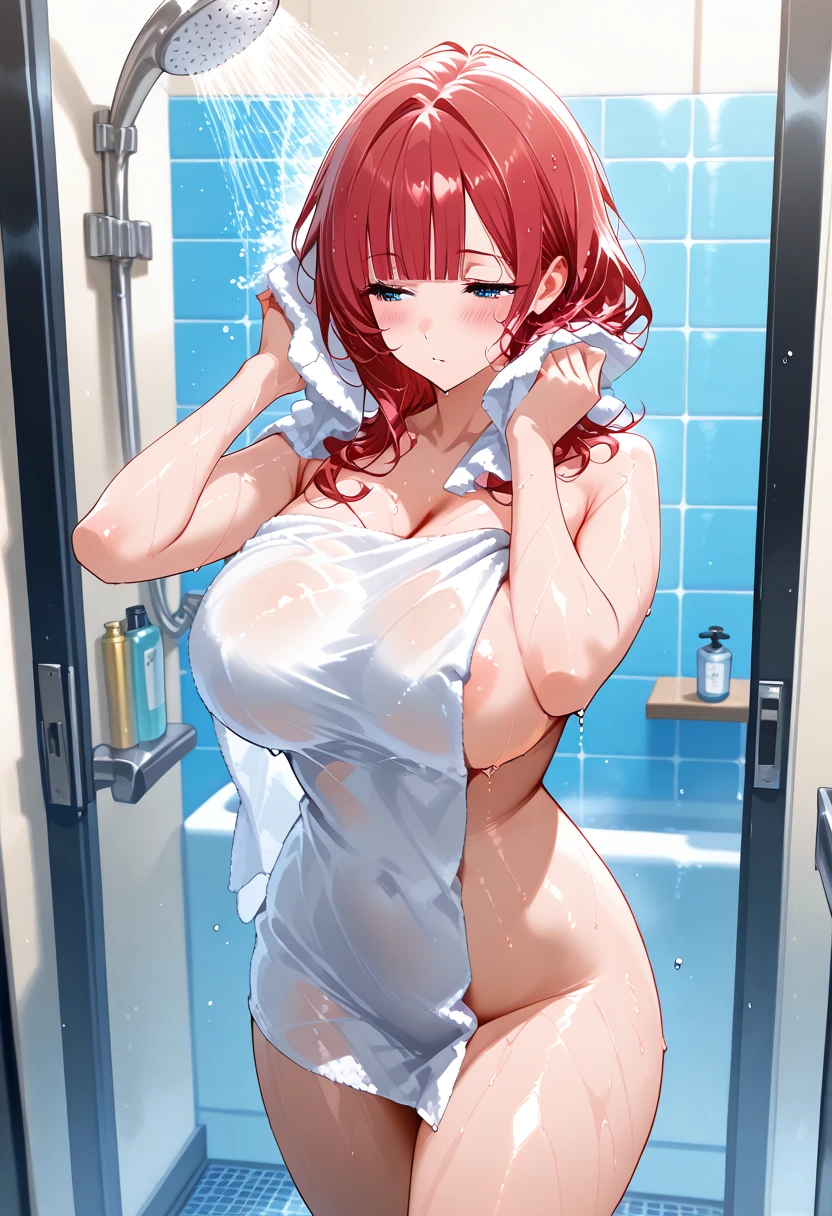 1girl, solo, female, makima, red hair, long braided hair, bangs, yellow eyes, golden eyes, ringed eyes, in bathroom, blush, pink nipples, hairy pussy, detailed bathroom, bathroom, taking shower, wet hair, wet body, under the shower head, taking a shower, showering, nude, water spraying, water is flowing from the shower head, looking at shower head, looking up, remote shooting, big breasts, perky tits, sparkling body