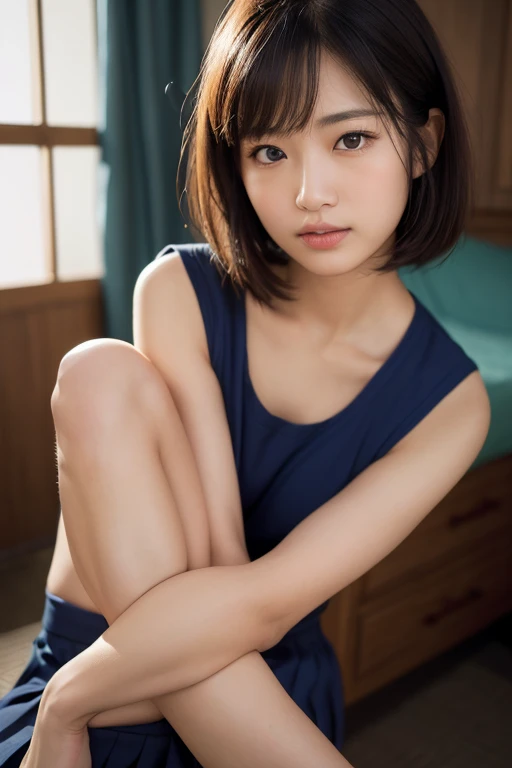 High resolution, Super detailed, Realistic, 1 beautiful Japan schoolgirl, Highly detailed beautiful face, Short Bob、Black Hair, Beautiful feet, A light smile, Sports underwear, Bedroom
