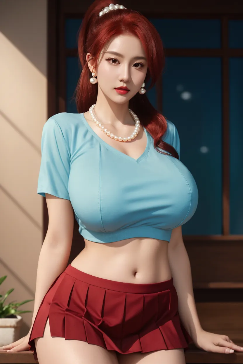 ((((masterpiece, best quality, high resolution)))), Extremely detailed 8K, Beautiful girl with voluptuous body, cameo toe, (Ultra HD, Ultra-detailed, Highly detailed, Highly realistic, Ultra-realistic, photograph realistic), (Realistic red hair), (short wavy hair, bob cut, earrings), (dynamic poses), facing at camera, looking at viewer, (blushing red, embarrassed, smile), (pink eyes, sharp eyes), (huge perky breasts:1.2), (beautiful detailed face, beautiful detailed eyes), ((white micro bikini)), (detail pussy), (standing up), sweat, glow, (sunbeam, sunlight), ((cowboy shot)), beach, seductive