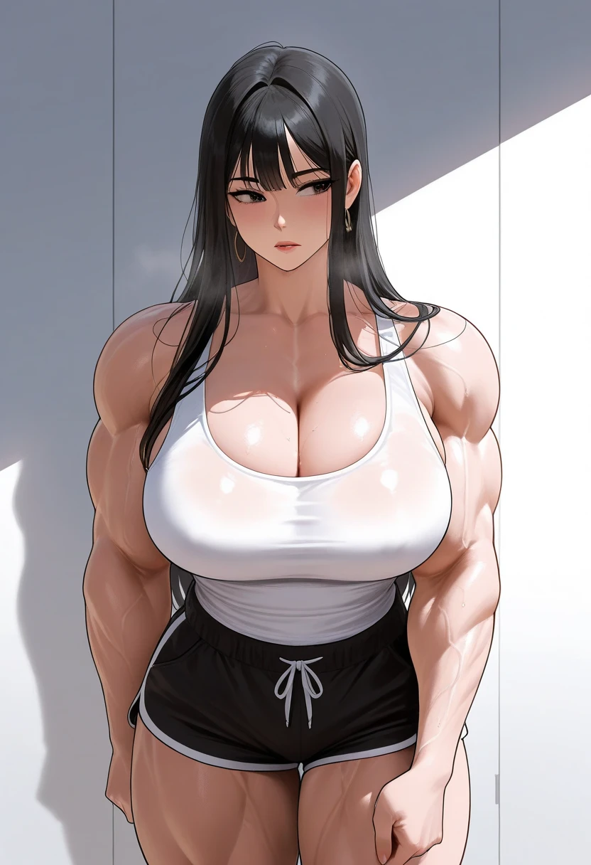 (Best quality,8K,ultra high res:1.5),(Pretty long tied ponytail hair anime girl),(Huge breasts:1.20),(very voluptuous body),(very voluptuous thigh),(body builder girl:1.5),(wide muscle:1.8),(light smile),(eyes to camera),(light black hair),(grey bra),(grey short skirt),(standing view)