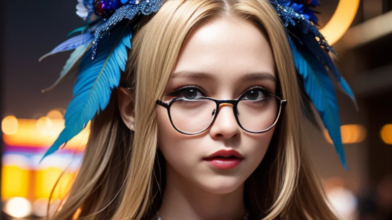 A girl, 20 years, with very long blonde hair, with two ponytails, blue eyes, round face, small nose, small mouth, thick lips, Small ears, dressed in a blue turtleneck sweater, with a plaid skirt, with red ribbons in her hair, in a house in the forest, with crystal rose earrings in her ears, with round glasses, smiley, Ray Tracing, glowing light, god rays, cinematic lighting, depth of field, Close-up, Reflection light, 16k, 8k, highres, best quality, award winning, high details, high quality, super detail, textured skin, anatomically correct, masterpiece