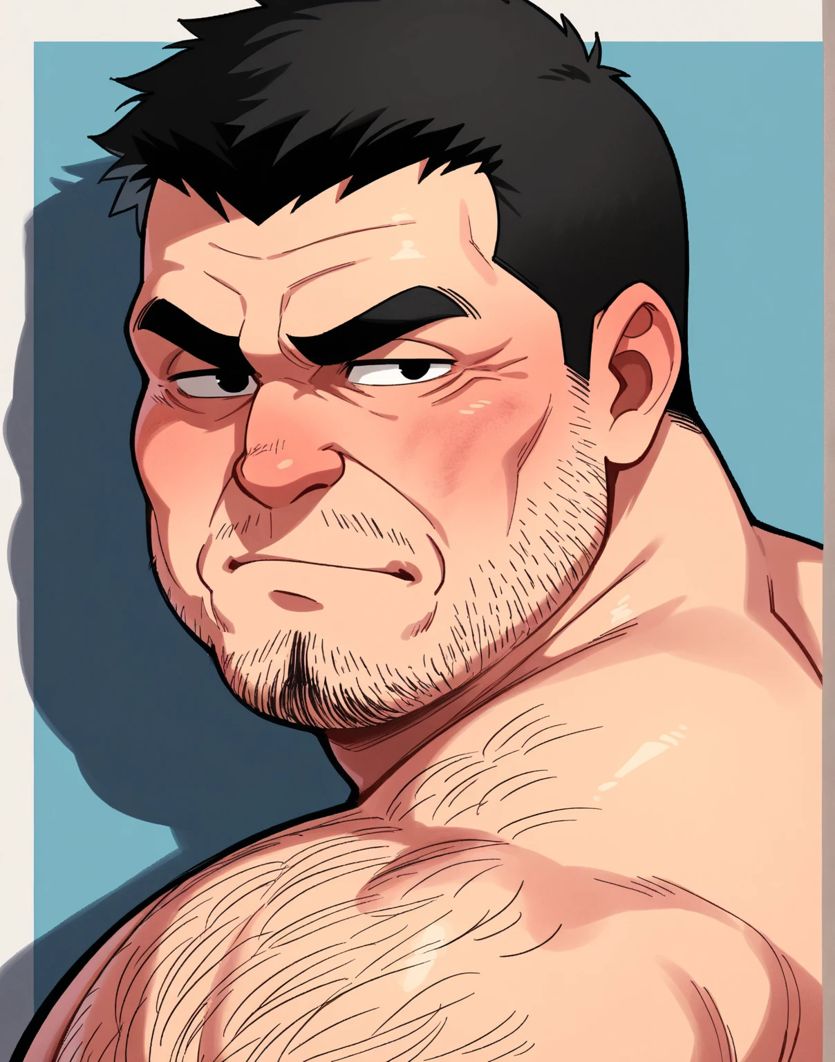 Um cara brasileiro branco, oval and manly face, alto com cabelo ralo branco e barba rala branca em um corte de lobo. He has a well-built body and looks like someone who just stepped out of a movie, com camisa entreaberta. He has full lips and straight eyebrows, grossas e negras. Her skin is lightly tanned and her body is muscular. Ele tem olhos negros e um queixo de chade.