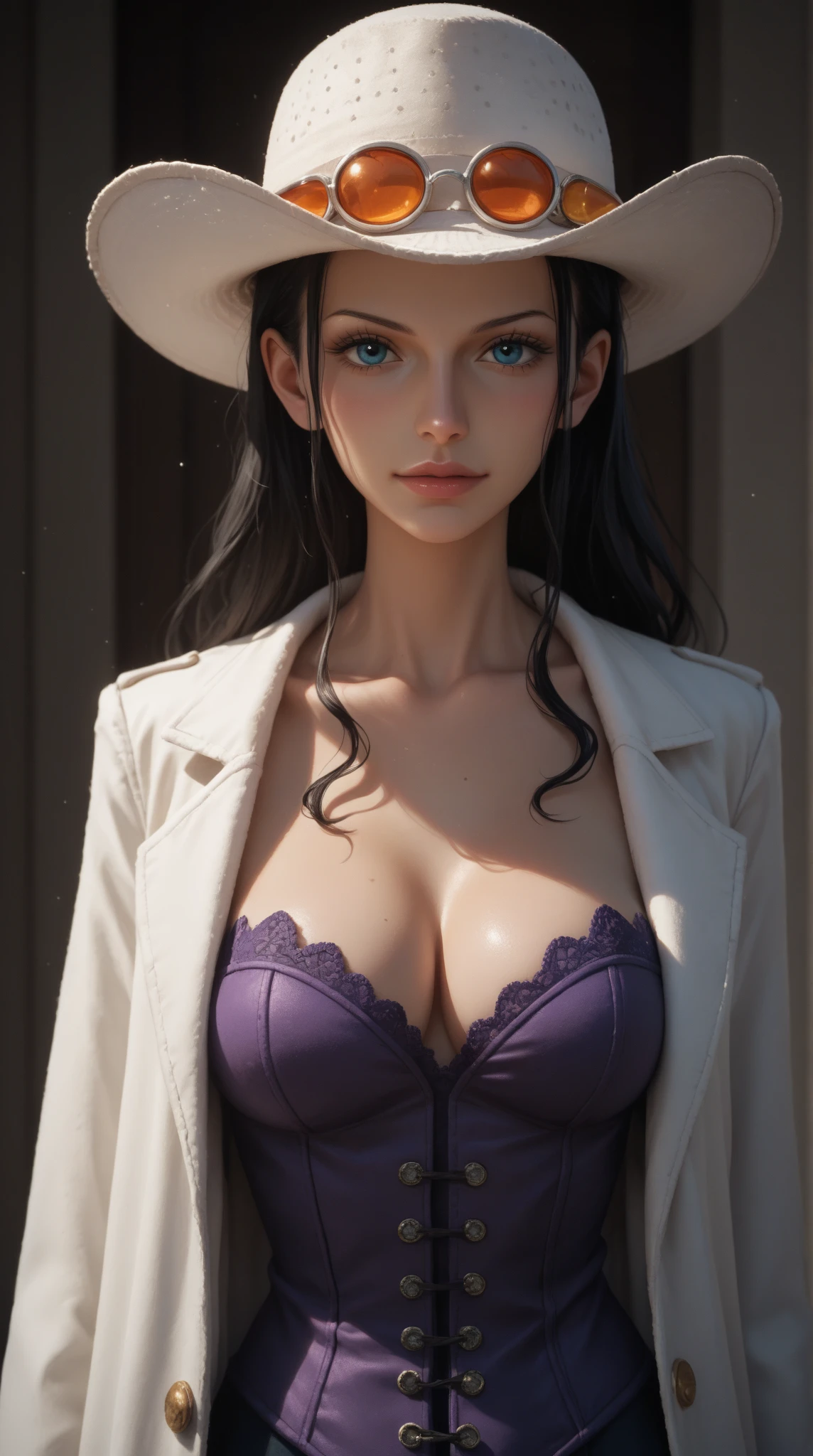 Kuchisake,blue eyes,long black hair,big lips,white open coat,white lingerie,
mouth scar,smile,navel,
standing,
empty streets,night,fog,moon,(insanely detailed, beautiful detailed face, masterpiece, beautiful detailed eyes, best quality),<lora:KuchisakeWHITE-10v2:0.8>,