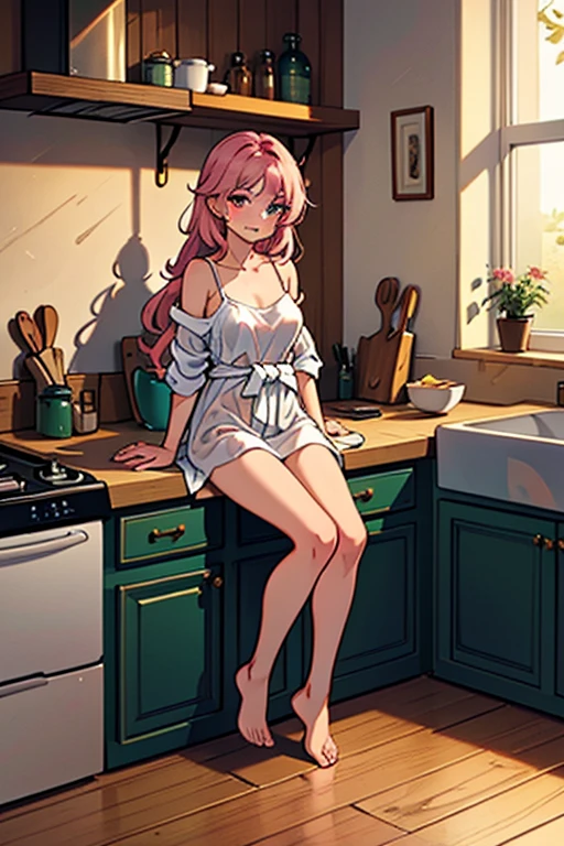 2 gorgeous 25 years old girls, wearing very small pink pajama shorts and pajama tank top, leaning against a kitchen counter, blond messy hair, necklaces, bracelets, looking straight at viewer,nsfw sultry look, seductive, seductive smile, inviting expression, suggestive