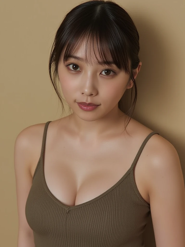 (Highly detailed body, very detailed face, top quality : 1.2), girls, looking at the viewer, She is wearing a tight-fitting dress, She has dimples on her face, I can't see her hands, She has a very pretty smile, (very short layered hair:1.2), Her thighs are very beautiful, Her shoulders are visible, Trendy fashion, She wore a mint green mini dress, Her hands are tucked between her legs and she can't see, dress drop, Very large cleavage is visible,