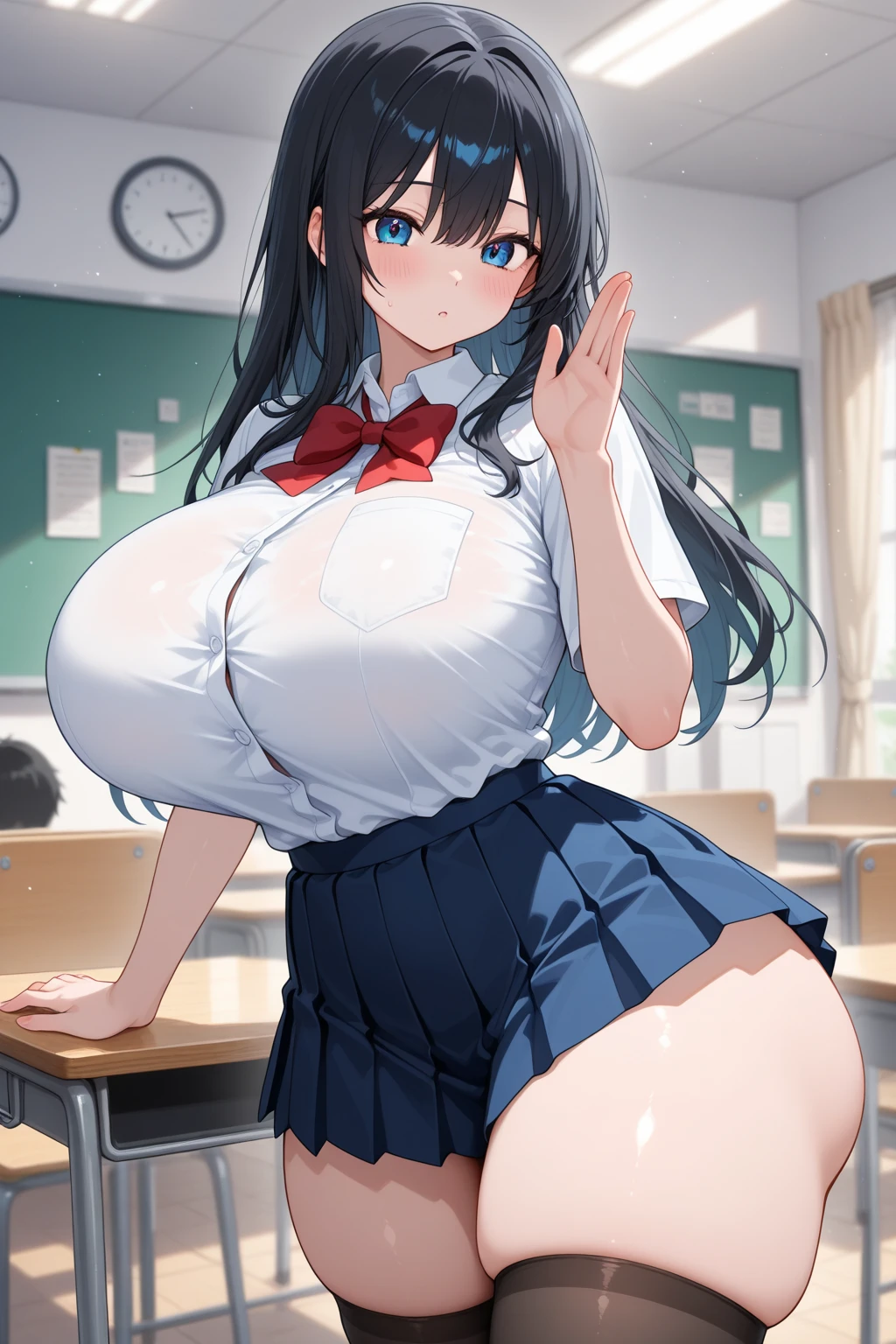 (huge breasts:1.4) (masterpiece) (high quality) (best quality) (1girl), (solo), narrow waist, (looking at viewer), skirt, knee highs, ponytail, black hair, classroom, hair clip, smile, bra, standing, legs spread, crossed arms, arms under breasts, corner view, bare shoulders