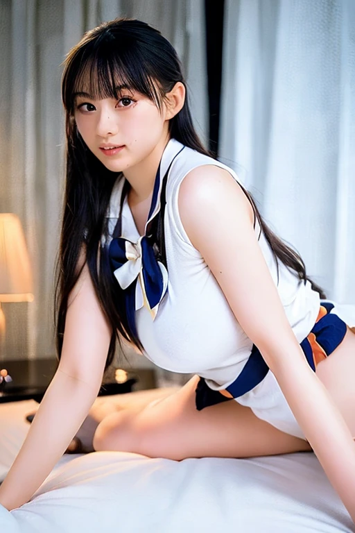 (masterpiece、top-quality:1.3)、(Ultra detailed 8K cg:1.2)、(A hyper-realistic:1.35)、(((Mass Facial:1.9 )))、NSFW、twintails hairstyle、cute panty、very big boobs、Gigant Chest、(A slender、skiny、long legged、Thin leg:1.2)、cleavage cutout、(Girls' High School Uniform、off shoulders、a miniskirt、Chest wide open、Deep Down Blouse、Ribbon Ties:1.4)、(Facing the front、Shot from the front of the body、Shot from under a chair、Very open legs、She is pulling up her skirt herself、You can see realistic white panties、low-rise panty、pantyshot:1.3)、Young Face、Lori、Lolicon、Grinning expression、(Hinoki bath at night、Chest close、Open legs、Sitting on a chair:1.3) 、Lots of girls、All 13 years old、Very cute schoolgirl Japan、Young Junior Idol、