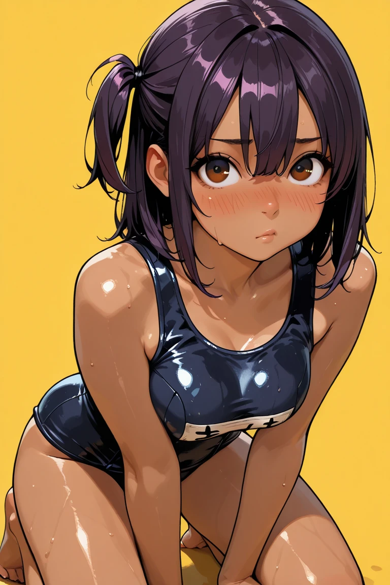 ((young girl ,short stature,gyaru)) ,flat chest,black hair, twintail ,,nsfw,heavyset,looking at viewer.stand,leopard print one-piece-swimsuit,evil smile
