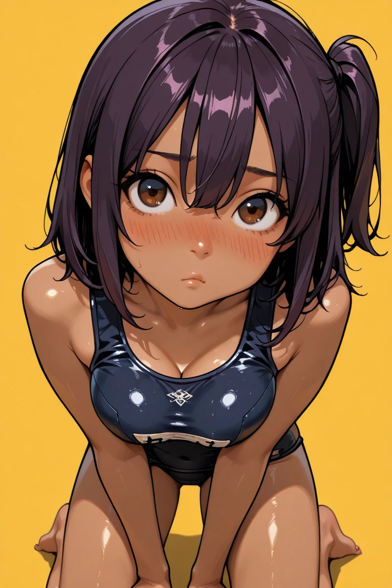 (nsfw:1),1 girl,Solo,medium hair,face focus, light crotch cutout,light nipple,masterpiece, best quality, very aesthetic, absurdres,arms,face,hands,purple and blue,two tone color,v_arms,breasts,hand_between_legs,Bikini,Cleavage,medium hair,side-tie_bikini_bottom,Bikini,skin,one-piece tan,tight,Thighs