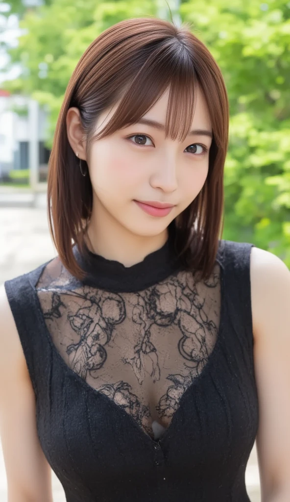 （masterpiece）、(Highest quality:1.5)、(Photorealistic:1.2)、(Surreal), (High resolution), (Realistic), (Post-processing),(Sharp focus), Sharp focus:1.2,Backlight, (Improvement of quality:1.4), (Narrow waist)、Big Ass、((Perfectly detailed five-fingered hands)),（Anatomically correct body）、((1 female:1.4))、Japanese、Realistic Skin、（Small chest：1.4）、Bust size is A cup、Pretty woman with perfect figure:1.4,(from the front:1.5), (Enhances the beauty of skin texture:1.1),No makeup、美しいBlack Hair、The best smile、Natural color lip、(Small Mouth:1.4)、The mouth is not open、Thick lips、(Oval Face)、Even bangs、Hide eyebrows with bangs、((33-year-old woman))、Bob Hair、Hair blowing in the wind, (Black Hair, Iris, Watery eyes, Shining Eyes, Bob Cut Hair, Small earrings,), Hair behind the ear、No makeup、(Drooping eyes)、(((One lovely woman)),((A big friendly smile)),(( Small breasts,Small breastsの谷間)),((((Plump Cheeks)))),((whole body：1.５)),very cute,(Baby Face),((Black Bra: 1.5)), Gravure sexy pose, 