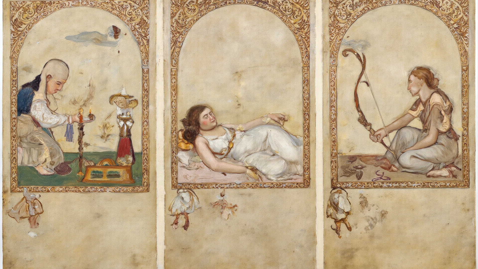 desenho de uma mulher com um leque em uma cama, inspirado por James Tissot, inspirado por Constance Gordon-, inspirado em Sandro Botticelli, inspirado em Grete Stern, inspirado em Leonor Fini, inspirado em Aubrey Beardsley, inspirado em Hans Baldung, No estilo de Sandro Botticelli, inspirado em Franz Stuck