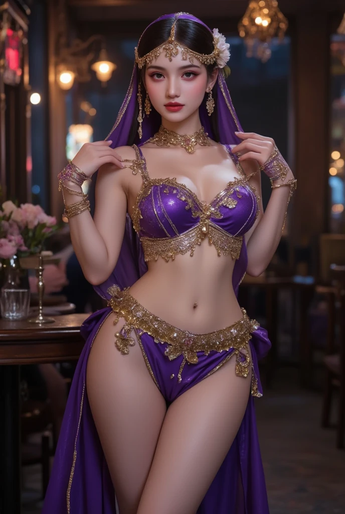 8ｋ，An ultra-high picture quality,Background Palace,huge smile,belly dancer,bewitching，Nice body,high-level image quality,realisitic,Fantasia,Veiled，moonlights，Dark brown hair color，real looking skin，fulcolor，top-quality，extremely delicate and beautiful