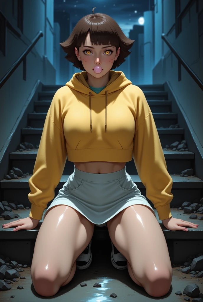 1girl, solo, sharp nose, (reddish mouth:1.3), (blush), eye-catching lips, shonen style, (pale skin), (red eyes:0.9 | orange eyes:1.3), wide eyes, (cute look), (neon lighting:0.4), scenery square, cinematic lighting, rainy day, sunset, reflection in puddle of water, starry sky, (underbuttocks:1.3), (black hair:1.2 | brown hair:0.9), (ashamed:0.3), squatting, pixie cut, ahoge, (chinese dress), (red_footwear), (thin face), ((sharp focus)), (((masterpiece))), (detailed clothing:1.3), (detailed body:1.2), ((perfect face)), ((perfect nose)), ((perfect eyes))
