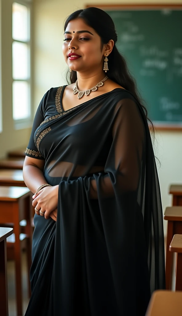Indian middle age chubby female teacher in school, teaching in black board, in traditional grey saree dress, sexy cleavage, hot thighs, cute woman, smiling towards camera, smooth lighting, camera photo, masterpiece, lonely class, hot school teacher in saree dress