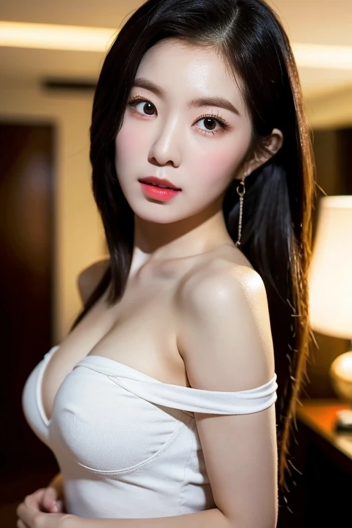 , (Mature body), Solitary,Long gray hair,black hair color, Off-shoulder, black eyes,1 Sister,A sexy pose,best quality,masterpiece,light,Extremely exquisite and beautiful,CG,Unite,8k wallpaper,Astonishing,detailed,masterpiece,Official Art,The content is very detailed Cg Unite 8k wallpaper,Extremely ridiculous,Huge file size,ultra - detailed,high resolution,The content is very detailed,Beautiful and delicate girl,Practical,full,Hotel Room,Light Contrast, Lopez, fully body photo, full, White under underwear